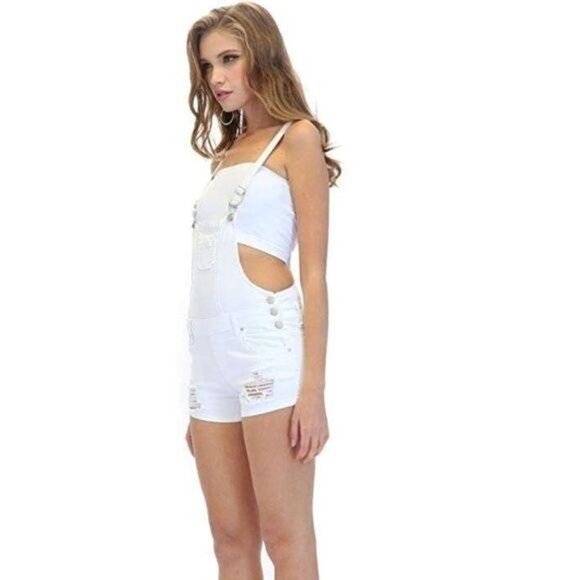 White Distressed Denim Overalls - Picture 2 of 4